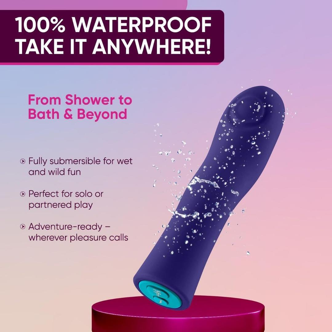 The Femme Funn Hana Thumping Bullet in dark purple rests on a pink platform with water splashing off it. Text notes it's 100% waterproof, fully submersible, and perfect for solo or partnered play.