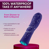 The Femme Funn Hana Thumping Bullet in dark purple rests on a pink platform with water splashing off it. Text notes it's 100% waterproof, fully submersible, and perfect for solo or partnered play.