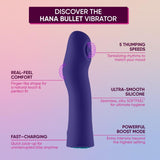 The Femme Funn Hana Thumping Bullet in Dark Purple is shown with labeled features: 5 thumping speeds, SOFTFEEL silicone comfort, fast charging, waterproof design, and powerful boost mode. A soft gradient background highlights these benefits.