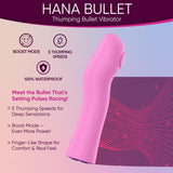 The Femme Funn Hana Thumping Bullet Pink rechargeable vibrator is shown with icons highlighting its 5 thumping speeds, boost mode, 100% waterproof silicone, finger-like curved shape, and powerful deep sensations.