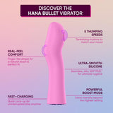 The Femme Funn Hana Thumping Bullet Pink offers 5 thumping speeds, real-feel comfort, ultra-smooth waterproof silicone, fast charging, and a powerful boost mode—all in a sleek pink design.
