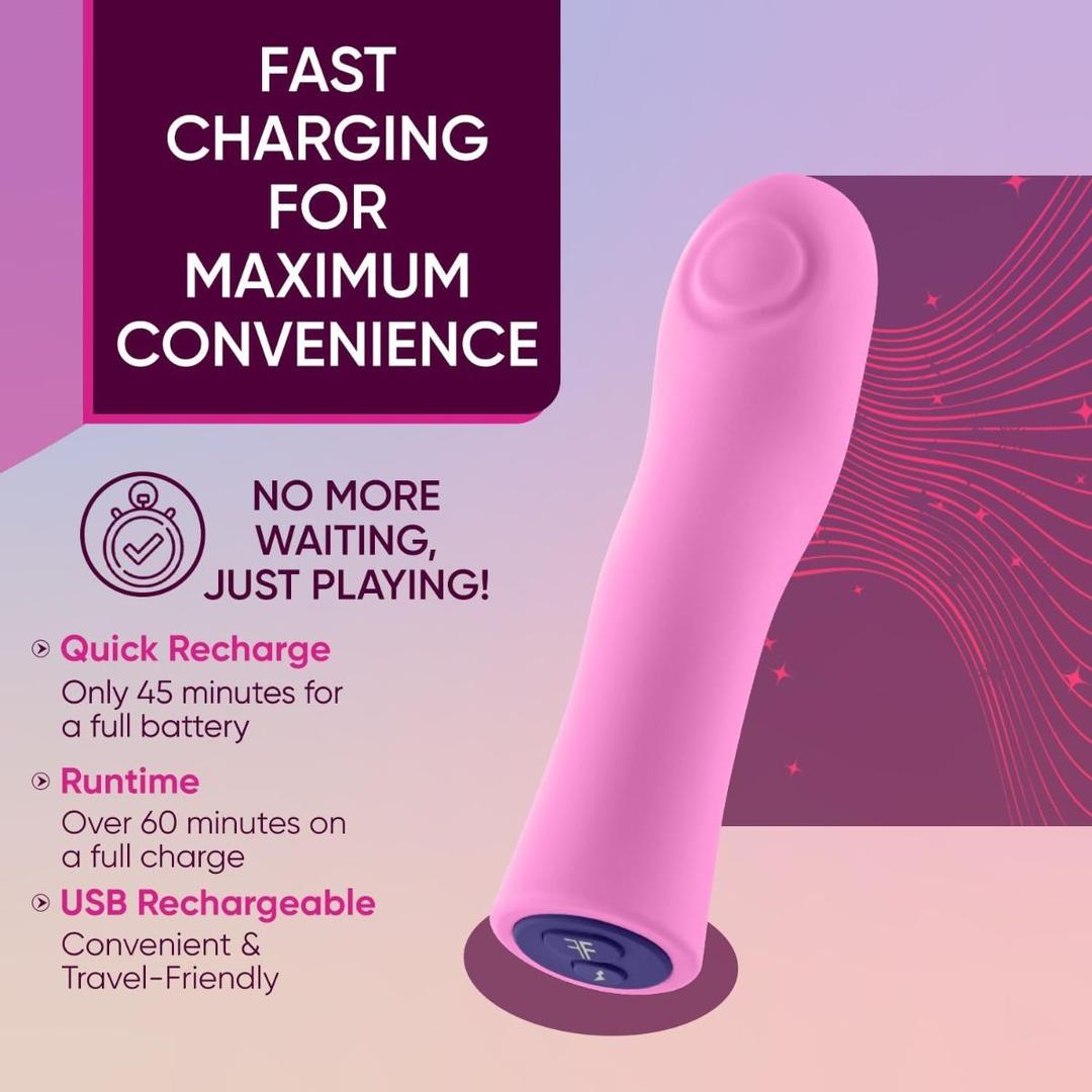 The Femme Funn Hana Thumping Bullet Pink, a smooth, ergonomic vibrator with a circular tip pattern, offers fast USB charging, 60+ minutes runtime, and recharges in just 45 minutes. Brand: Femme Funn.