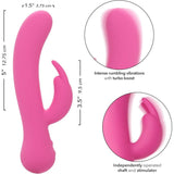 The CalExotics First Time Rechargeable Bunny with Turbo Boost Accelerated Speeds is a pink dual stimulator: 5-inch-long, 1.5-inch-wide shaft, 3.5-inch bunny stimulator, offers intense independent vibrations and customizable pleasure.
