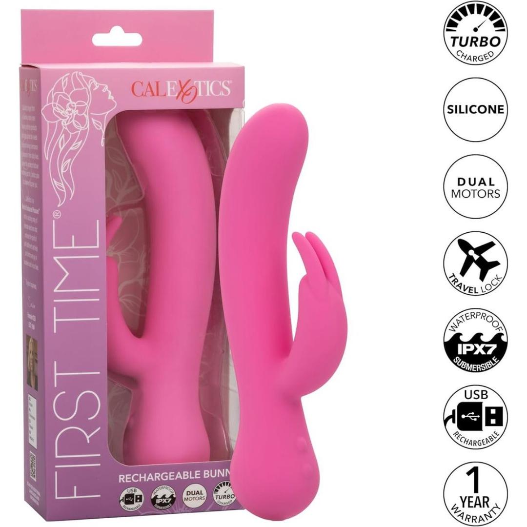 The CalExotics First Time Rechargeable Bunny with Turbo Boost Accelerated Speeds, shown in and out of its box, features intense vibrations, dual motors for dual stimulation, water resistance, and USB recharge.