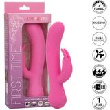 The CalExotics First Time Rechargeable Bunny with Turbo Boost Accelerated Speeds, shown in and out of its box, features intense vibrations, dual motors for dual stimulation, water resistance, and USB recharge.