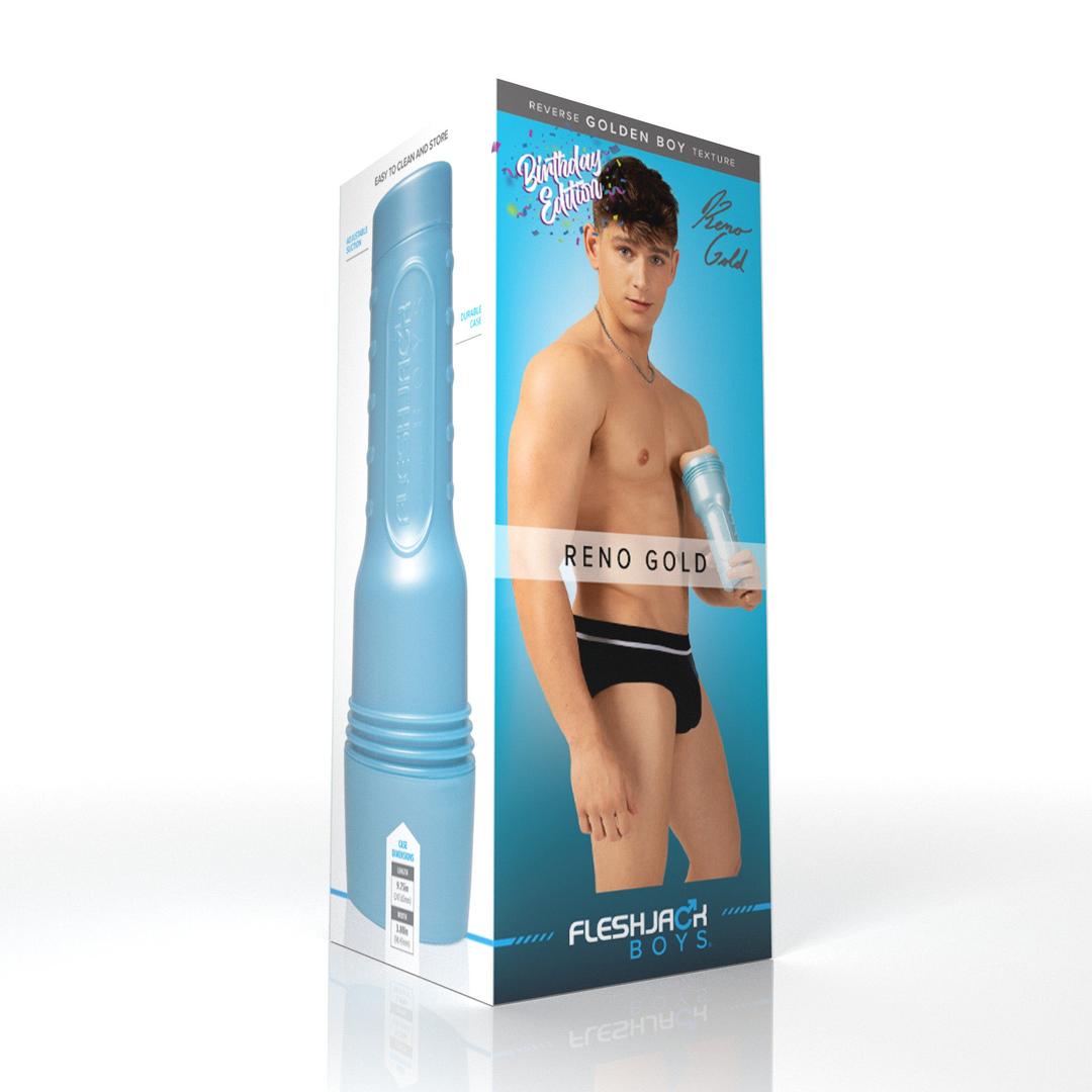 Product packaging for a Fleshlight Fleshjack Boys Reno Gold: Realistic Male Masturbator Cake Butt BIRTHDAY EDITION, featuring a photograph of a shirtless man in black underwear holding the device with the text “Birthday Edition” visible.