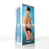 Product packaging for a Fleshlight Fleshjack Boys Reno Gold: Realistic Male Masturbator Cake Butt BIRTHDAY EDITION, featuring a photograph of a shirtless man in black underwear holding the device with the text “Birthday Edition” visible.