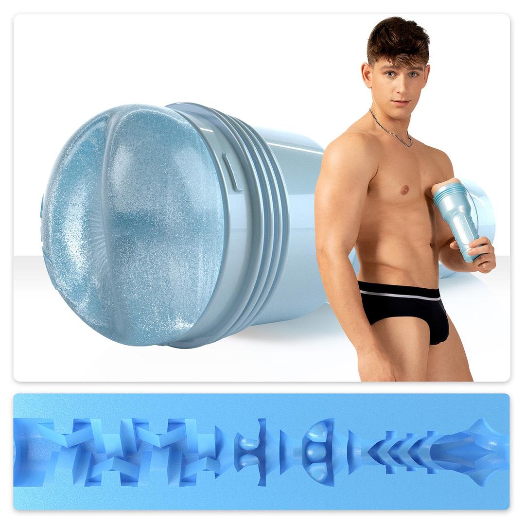 A man in black underwear holds a Fleshjack Boys Reno Gold: Realistic Male Masturbator Cake Butt BIRTHDAY EDITION, shown alongside a close-up of the device’s high-performance sleeve.