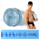 A man in black underwear holds a Fleshjack Boys Reno Gold: Realistic Male Masturbator Cake Butt BIRTHDAY EDITION, shown alongside a close-up of the device’s high-performance sleeve.