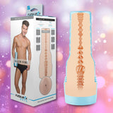 The Fleshlight Fleshjack Boys Allen King: Realistic Male Masturbator Majestic Cake Butt comes in packaging with a smiling man in black underwear and a product cross-section set against a pink and purple bokeh background.