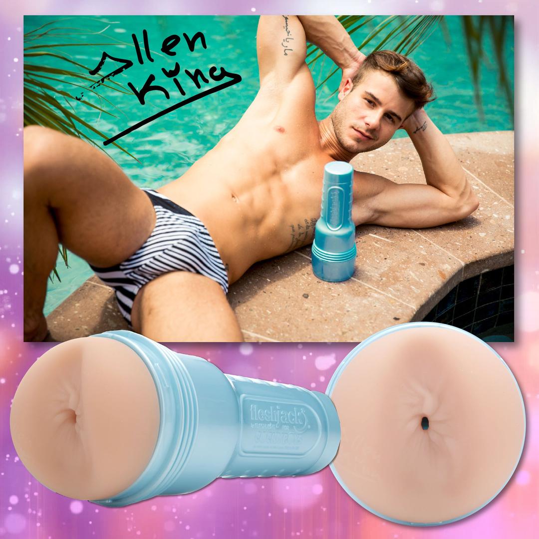 A man in striped swim trunks poses by a pool with a blue Fleshlight Fleshjack Boys Allen King: Realistic Male Masturbator Majestic Cake Butt beside him. Close-up shown below; top left features a stylized "Allen King" signature.