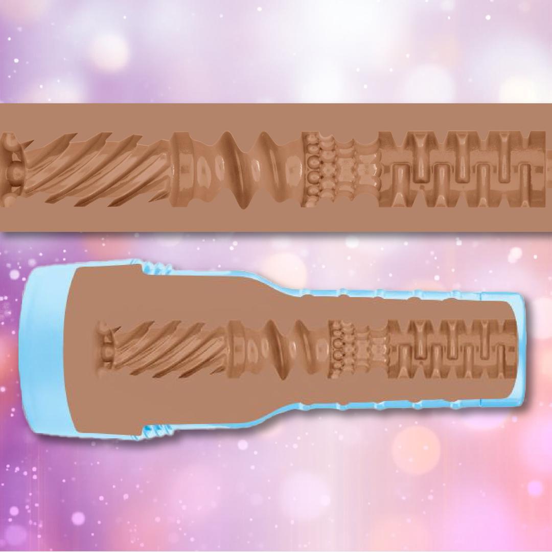 A cutaway view of the Fleshjack Boys Boomer Banks: Realistic Male Masturbator Cake Butt by Fleshlight, featuring a brown, cylindrical design with a blue rim and intricate bumps, ridges, and spirals against a pastel blurred background.