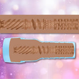 A cutaway view of the Fleshjack Boys Boomer Banks: Realistic Male Masturbator Cake Butt by Fleshlight, featuring a brown, cylindrical design with a blue rim and intricate bumps, ridges, and spirals against a pastel blurred background.