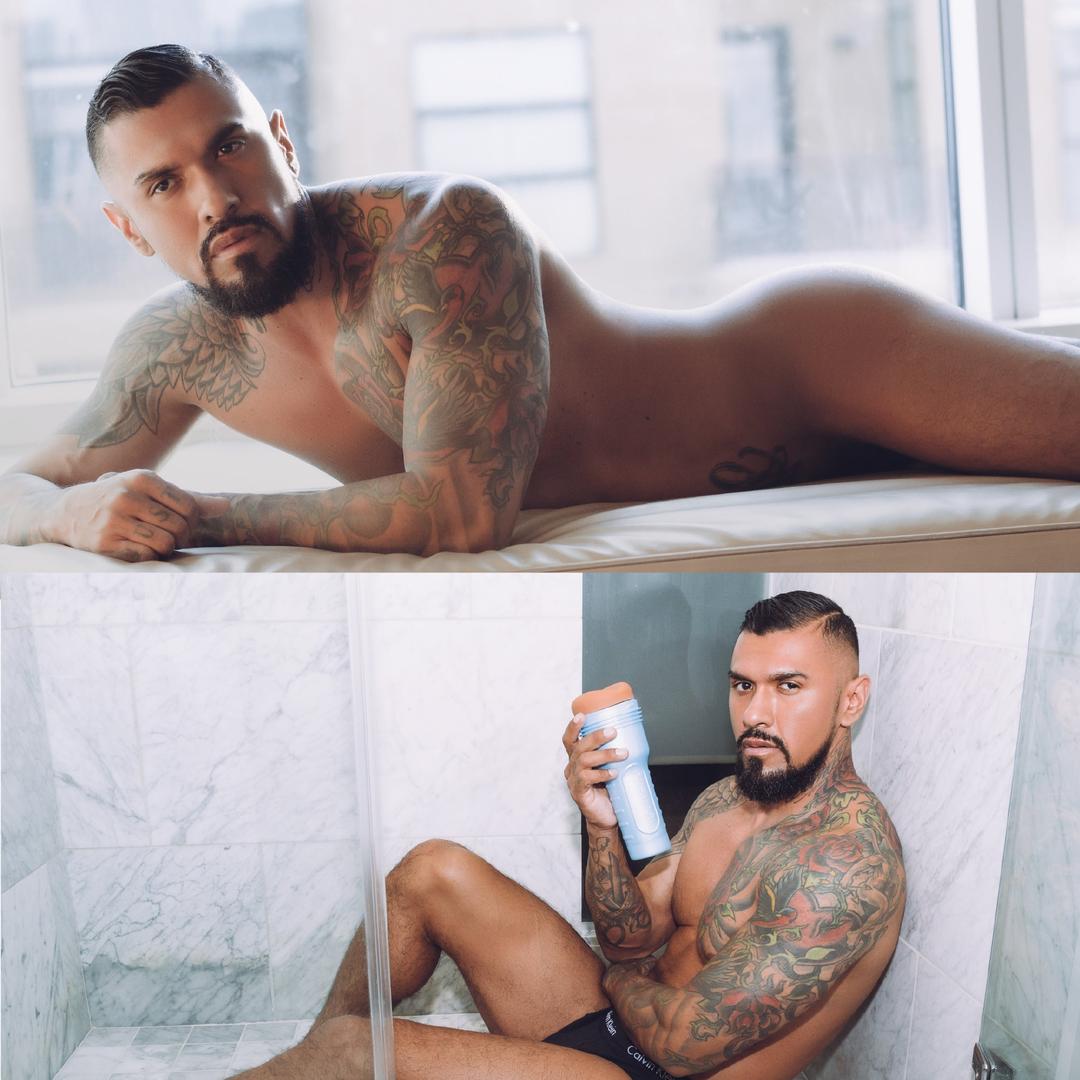 Split image: Top, a tattooed bearded man lies nude on a windowsill, covering himself. Bottom, Boomer Banks in black underwear sits in a marble shower with the Fleshlight Fleshjack Boys Boomer Banks: Realistic Male Masturbator Cake Butt, looking serious.