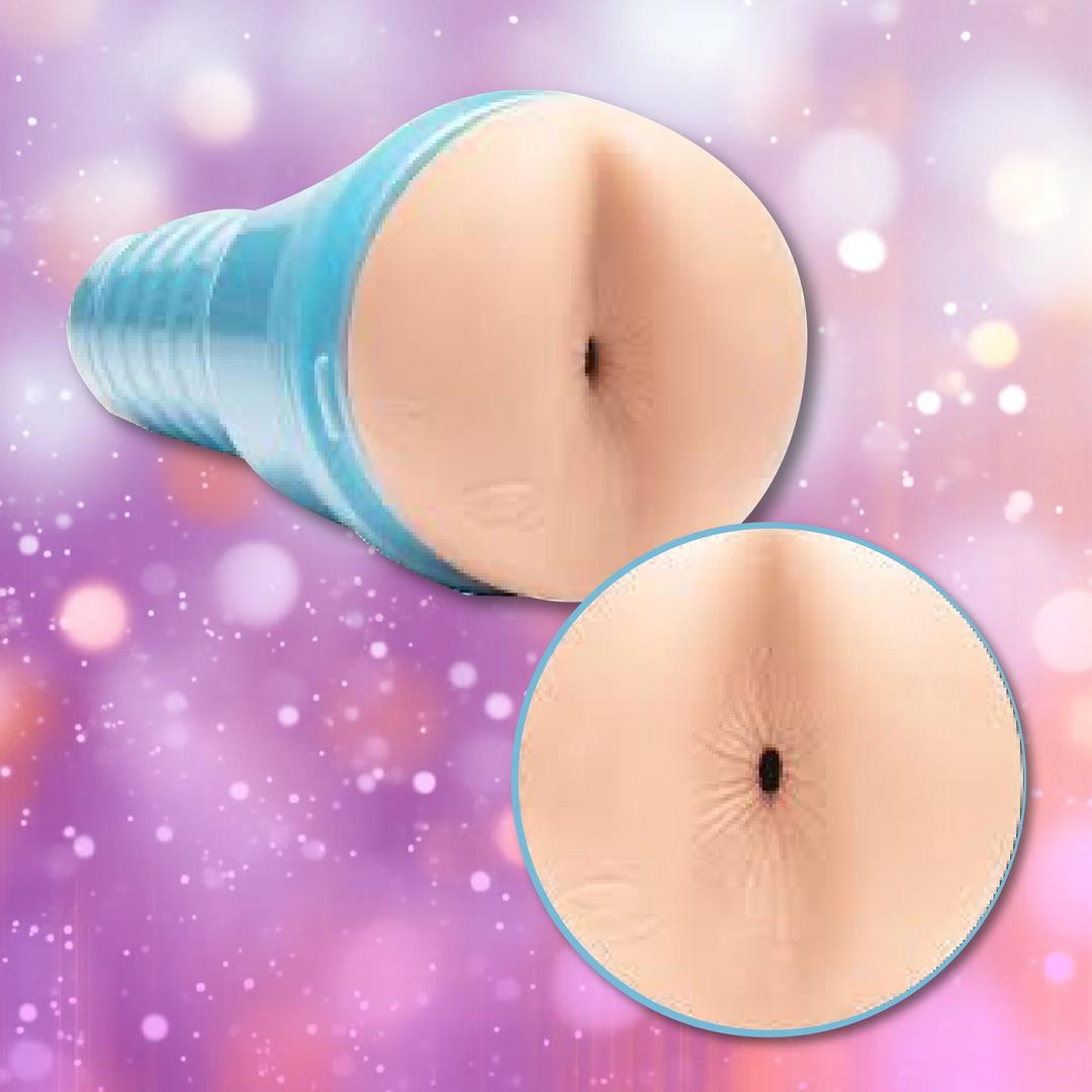 Fleshjack Boys Reno Gold: Realistic Male Masturbator Cake Butt by Fleshlight shown close-up, featuring blue ribbed casing and flesh-toned opening, against a purple bokeh background.