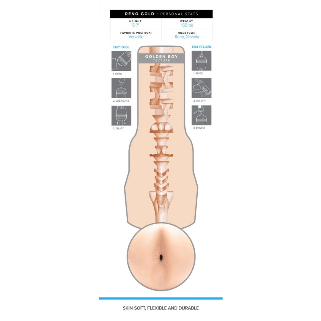 Diagram of the Fleshlight Fleshjack Boys Reno Gold: Realistic Male Masturbator Cake Butt, showing a cutaway of its detailed inner texture. The sleeve is skin-soft, flexible, durable, and includes tips for use and cleaning.