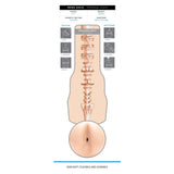 Diagram of the Fleshlight Fleshjack Boys Reno Gold: Realistic Male Masturbator Cake Butt, showing a cutaway of its detailed inner texture. The sleeve is skin-soft, flexible, durable, and includes tips for use and cleaning.