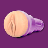 The Fleshlight Fantasy Sasha Nakamoto: Realistic Fantasy Male Masturbator by Fleshlight features a design resembling female anatomy in a translucent purple case, shown against a solid purple background.
