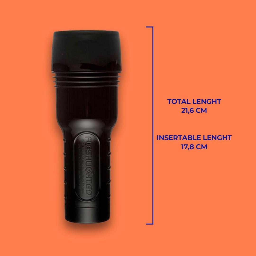 A Fleshlight GO Surge - Vagina by Fleshlight stands upright on an orange background. Blue text shows its total length is 21.6 cm, with a 17.8 cm insertable SuperSkin sleeve. The masturbator’s compact, travel-sized design is black in color.