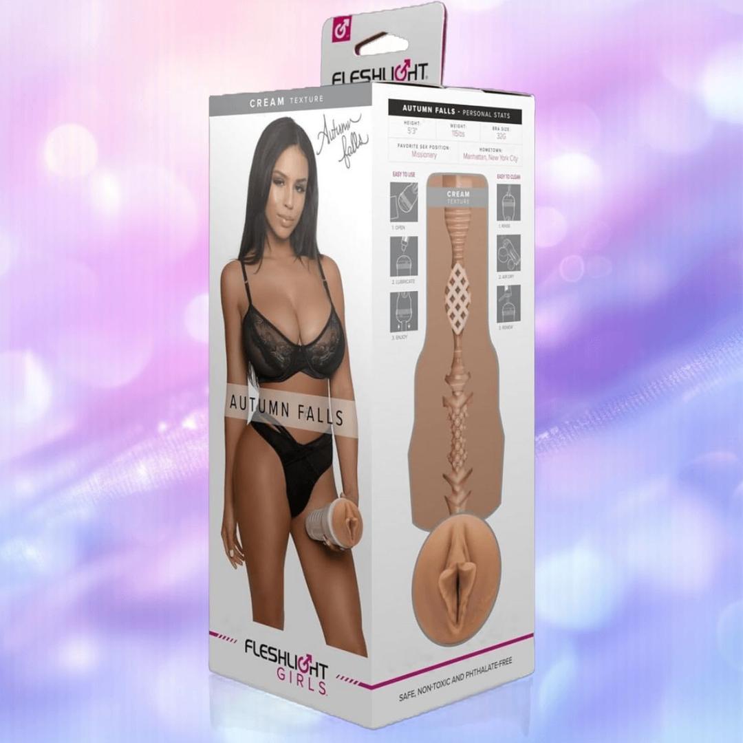 The Fleshlight Girls: Autumn Falls Cream by Fleshlight features packaging with Autumn Falls in lingerie, her signature on a white-lavender gradient, and a diagram highlighting the realistic internal sleeve texture.