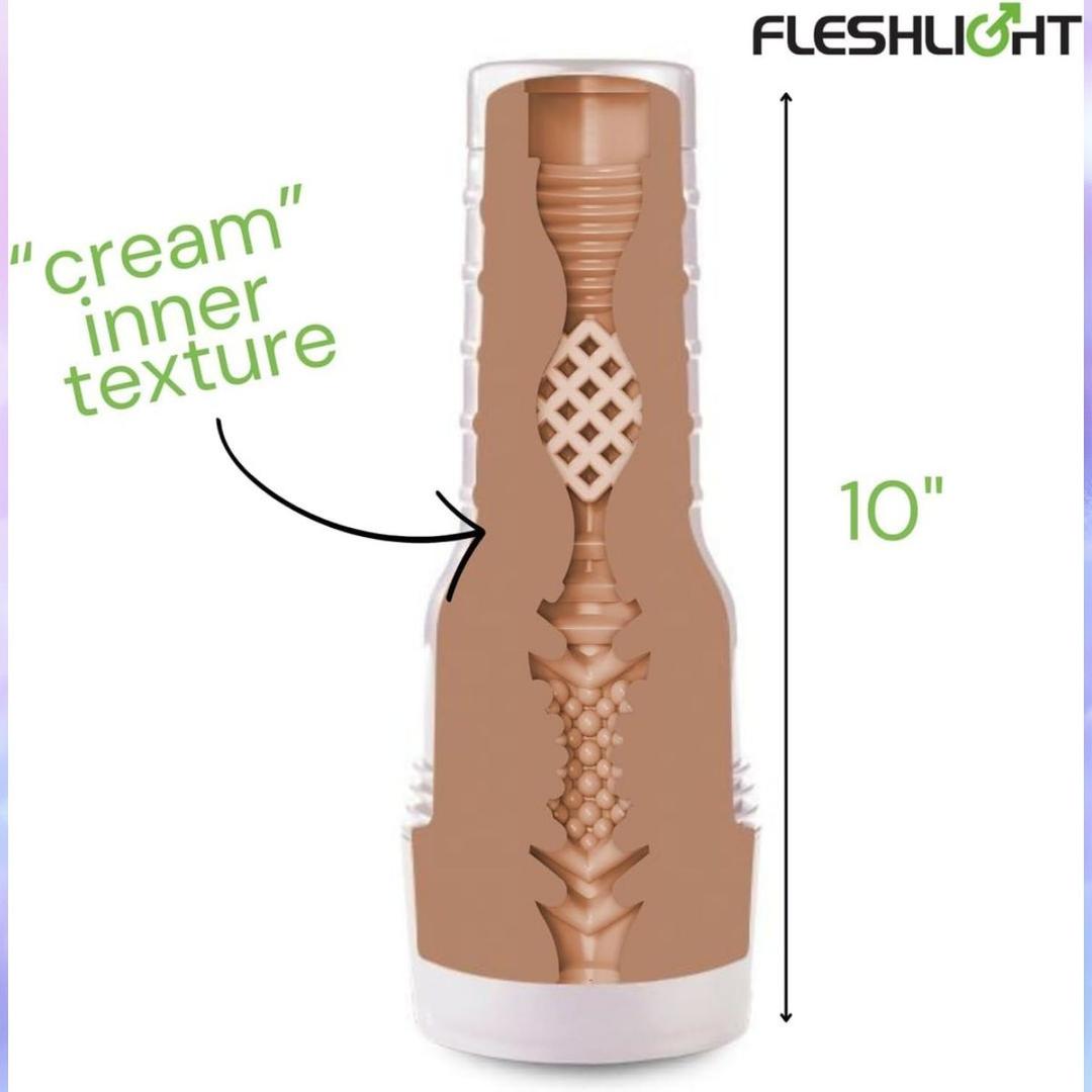A cross-section diagram of the Fleshlight Girls: Autumn Falls Cream by Fleshlight shows a “cream” inner texture sleeve, a height of 10 inches, and the Fleshlight Girls logo in the top right corner.
