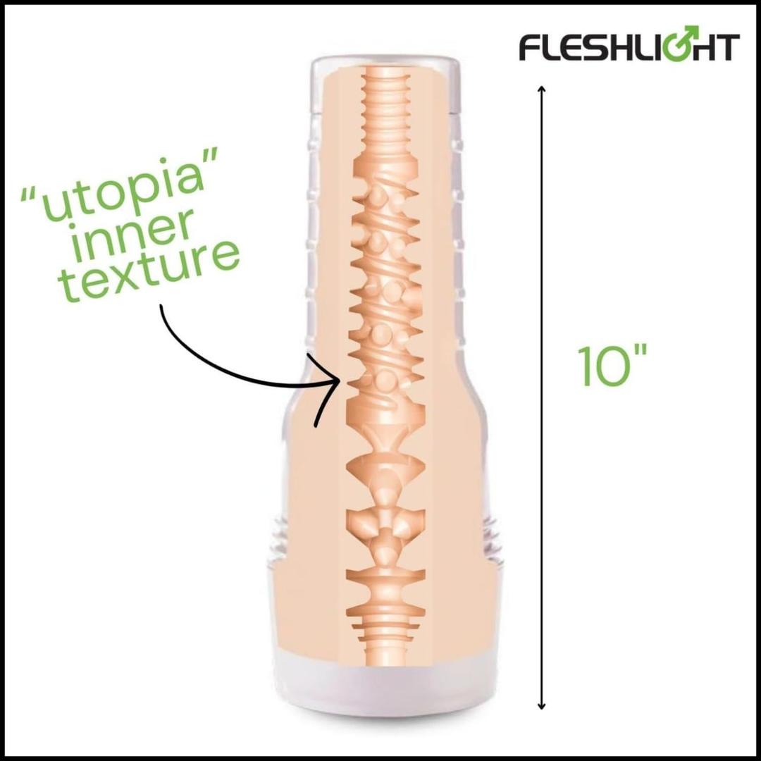 A diagram of the Fleshlight Girls: Riley Reid Utopia by Fleshlight shows its cross-section with the “utopia” textured SuperSkin sleeve. The product is 10 inches tall, with the Fleshlight logo in the top right corner.
