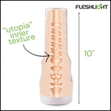 A diagram of the Fleshlight Girls: Riley Reid Utopia by Fleshlight shows its cross-section with the “utopia” textured SuperSkin sleeve. The product is 10 inches tall, with the Fleshlight logo in the top right corner.