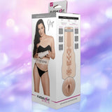 A Fleshlight Girls: Stoya Destroya box from Condomania.com displays a woman in black lingerie holding the toy, with SuperSkin texture diagrams and product details on a purple-blue gradient background.