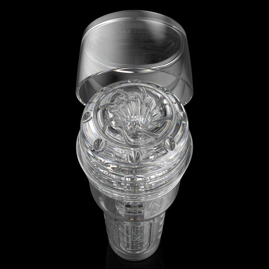 The Fleshlight GO Torque Portable Stroker by Fleshlight is a transparent, cylindrical male masturbation toy with a removable lid and intricate flower-like top design—perfect for travel, shown against a black background. 1080