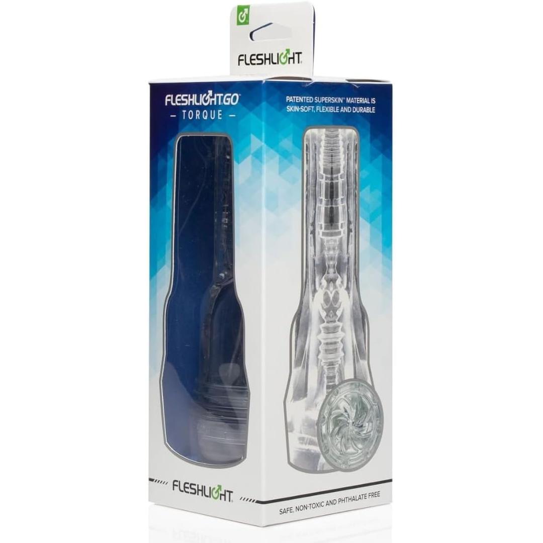 The Fleshlight GO Torque Portable Stroker Male Masturbation Toy by Fleshlight is displayed boxed in blue, white, and gray packaging with a clear window, showcasing this compact pleasure device for discreet, on-the-go use.