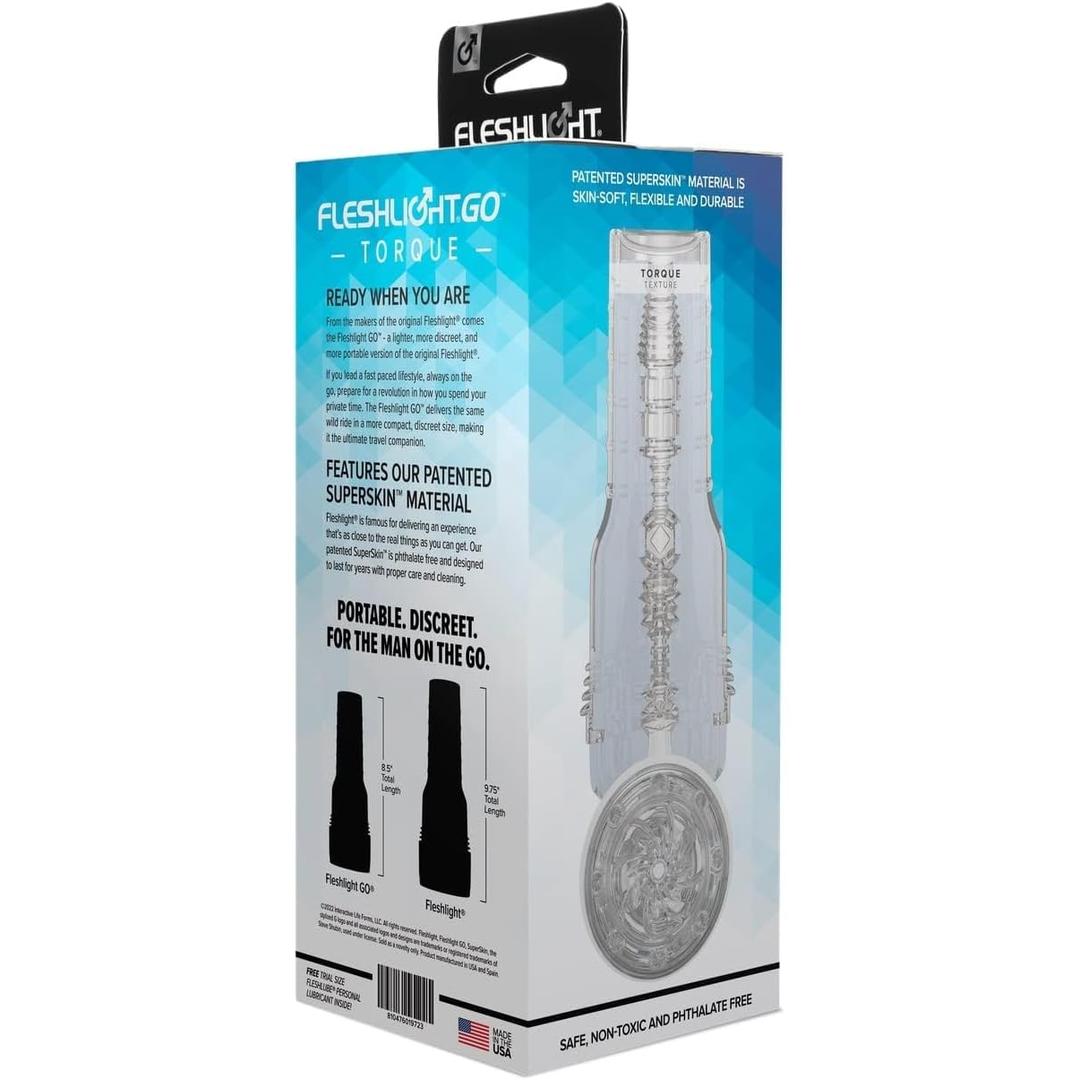 A retail box for the Fleshlight GO Torque Portable Stroker by Fleshlight, showcasing its compact, discreet design and patented SuperSkin material with product images and descriptions on the packaging.