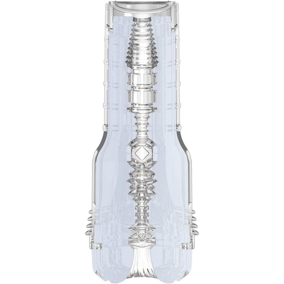 The Fleshlight GO Torque Portable Stroker by Fleshlight features a transparent plastic case that reveals its detailed, textured interior sleeve with geometric and ridged patterns for intense stimulation in a compact, travel-friendly design.