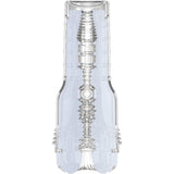 The Fleshlight GO Torque Portable Stroker by Fleshlight features a transparent plastic case that reveals its detailed, textured interior sleeve with geometric and ridged patterns for intense stimulation in a compact, travel-friendly design.