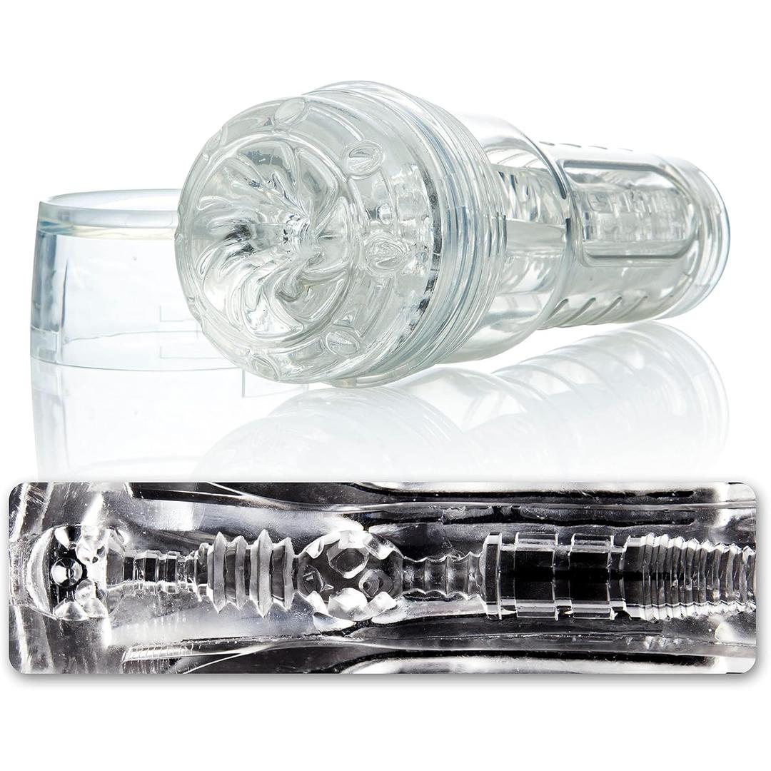 The Fleshlight GO Torque Portable Stroker Male Masturbation Toy by Fleshlight is shown with a twist-off cap, revealing its textured inner channel. An inset highlights a cross-sectional view of the detailed internal structure.