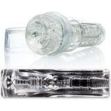 The Fleshlight GO Torque Portable Stroker Male Masturbation Toy by Fleshlight is shown with a twist-off cap, revealing its textured inner channel. An inset highlights a cross-sectional view of the detailed internal structure.