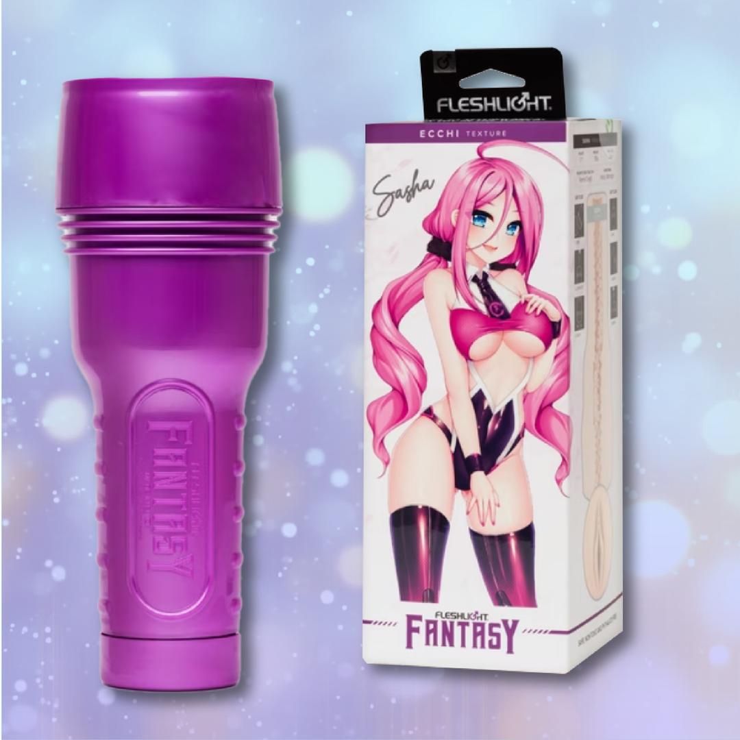 The Fleshlight Fantasy Sasha Nakamoto: Realistic Fantasy Male Masturbator by Fleshlight is shown beside its box, which displays anime art of a pink-haired woman in black and pink attire against a soft blue background with blurred circles.