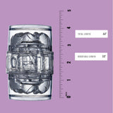 A transparent Fleshlight Quickshot Vantage Value Pack (Masturbation Sleeve, Lube & Toy Cleaner) by Fleshlight sits by an inch ruler showing 4.4" total length and 3.5" insertable; background is purple. Interior is textured.