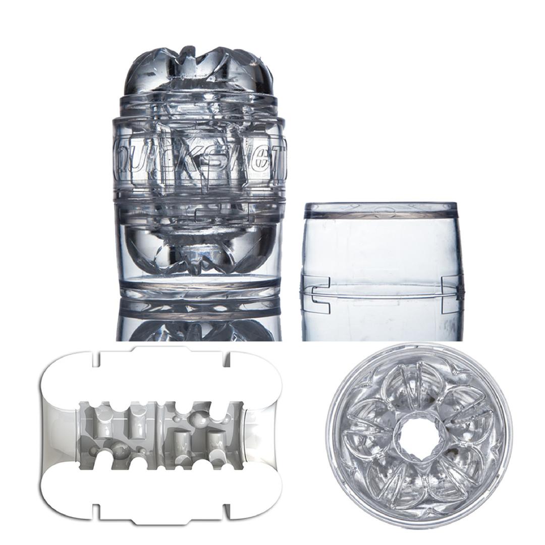 The Fleshlight Quickshot Vantage Value Pack by Fleshlight includes a clear, textured cylindrical sleeve with open ends, shown assembled and disassembled, plus lube and toy cleaner—ideal for beginners exploring new sensations.
