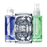 The Fleshlight Quickshot Vantage Value Pack by Fleshlight includes a masturbation sleeve, lube, and toy cleaner, all displayed upright on a white background.