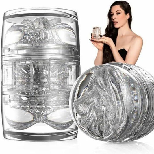 A woman in a black strapless dress holds a transparent cylindrical object with intricate internal textures, reminiscent of the ultra-realistic Fleshlight Quickshot Stoya Destroya Male Masturbator by Fleshlight. A larger, detailed view of this captivating object is displayed beside her. 1080