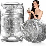 A woman in a black strapless dress holds a transparent cylindrical object with intricate internal textures, reminiscent of the ultra-realistic Fleshlight Quickshot Stoya Destroya Male Masturbator by Fleshlight. A larger, detailed view of this captivating object is displayed beside her.