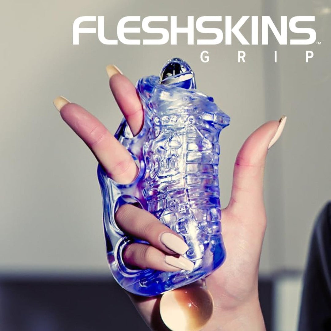 A hand holds a translucent blue textured sleeve featuring multiple finger holes, presenting the innovative Squeeze Control. "Fleshlight Fleshskins Grip Male Masturbator with Squeeze Control" is prominently displayed at the top of the image, emphasizing its advanced design crafted from high-quality Superskin material by Fleshlight.