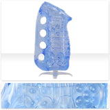 The Fleshlight Fleshskins Grip Male Masturbator with Squeeze Control, by Fleshlight, is designed to fit over handles and features a Superskin blue ice grip cover with textured bumps and four circular holes for enhanced control. It also includes a pointed end for easy insertion and removal.