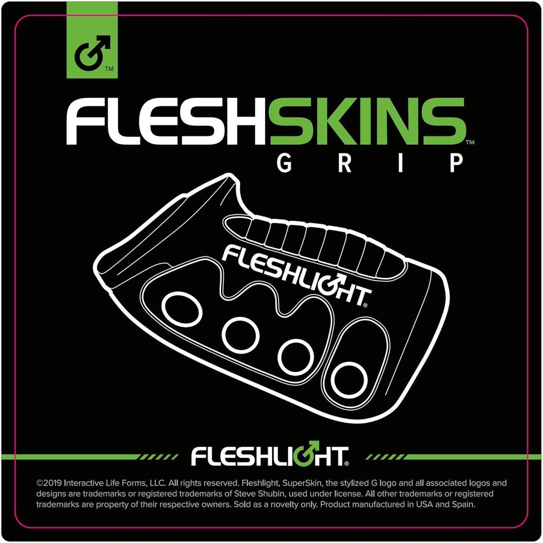 This illustration showcases the Fleshlight Fleshskins Grip Male Masturbator with Squeeze Control, a hand-held device by Fleshlight, crafted from Superskin material. Predominantly green and black, the image displays the logo and product name, with a distinctive green male symbol at the top left. Text below details trademarks and manufacturing specifics.