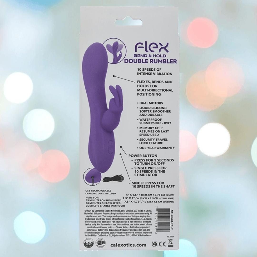 The image displays the back packaging of the CalExotics Flex Bend & Hold Double Rumbler Rabbit Vibrator, highlighting its features, specs, and included USB cable against a blurred colorful background.