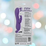 The image displays the back packaging of the CalExotics Flex Bend & Hold Double Rumbler Rabbit Vibrator, highlighting its features, specs, and included USB cable against a blurred colorful background.