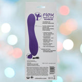 The image shows the back of a CalExotics Flex Bend & Hold Rumbler G-Spot Stimulator box, a purple personal massager with its features, specs, and warranty printed in English on a light background.