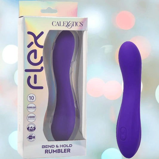 A purple CalExotics Flex Bend & Hold Rumbler G-Spot Stimulator is displayed beside its packaging, showcasing key features and a curved design against a soft, pastel-blurred background. 1080