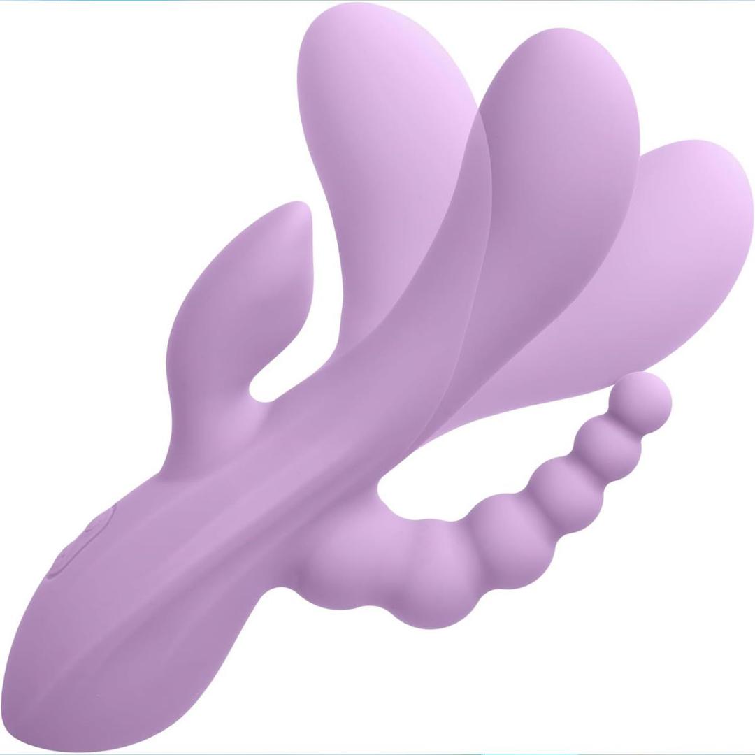 The CalExotics Flex Bend & Hold Triple Rumbler is a purple silicone vibrator with a curved, textured shaft and butterfly-shaped external stimulator, designed for personal use.