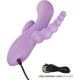 The CalExotics Flex Bend & Hold Triple Rumbler, a lavender silicone vibrator with multiple textures, is shown with its USB charging cord attached and displayed separately. Text: "USB CHARGING CORD INCLUDED.